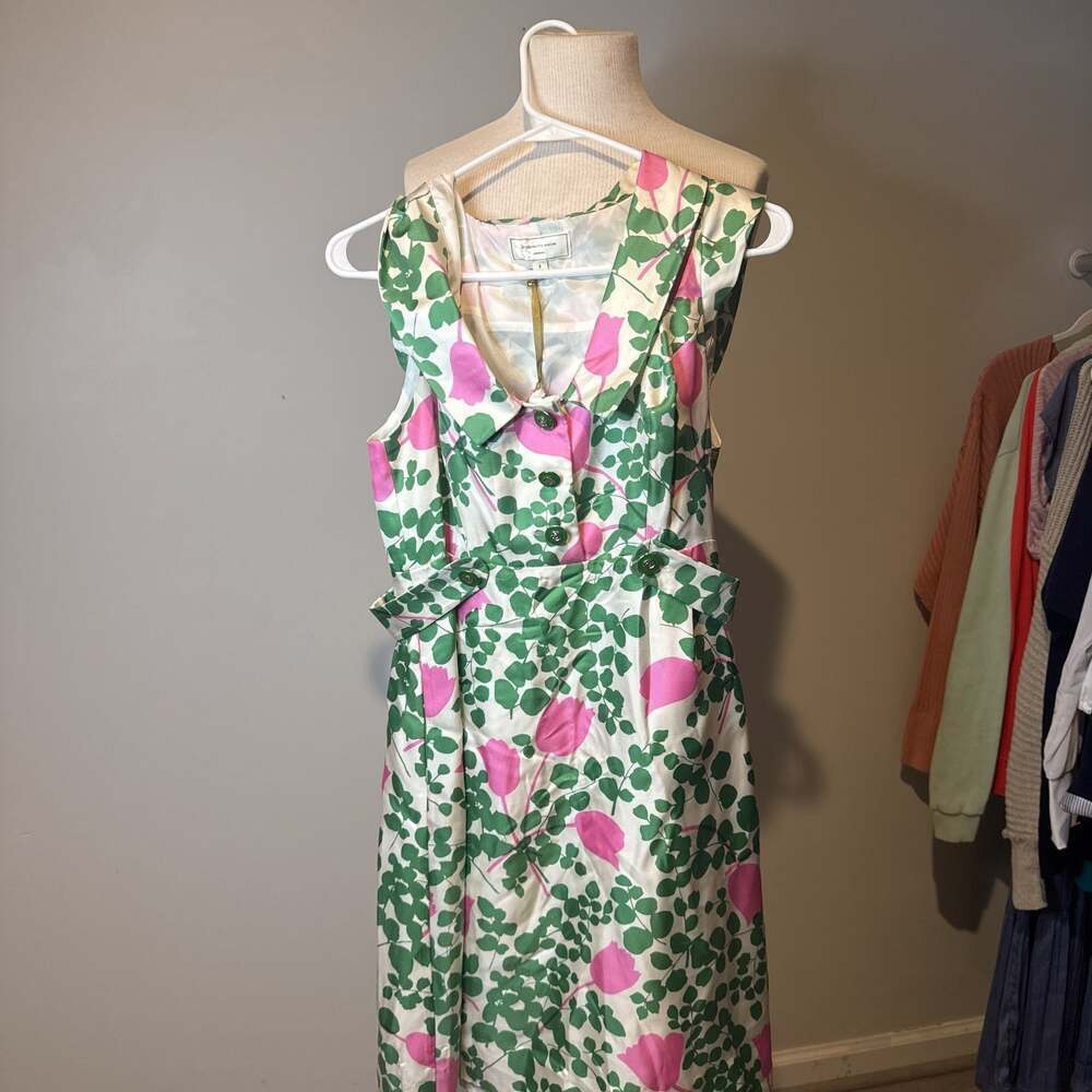Moulinette Soeurs Green/Pink Leaf‎ Floral Print Dress 100% silk exterior